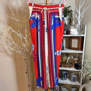 FARM Rio M Red White Blue Wide-Leg Flowing Pants 100% Viscose Bright Beautiful